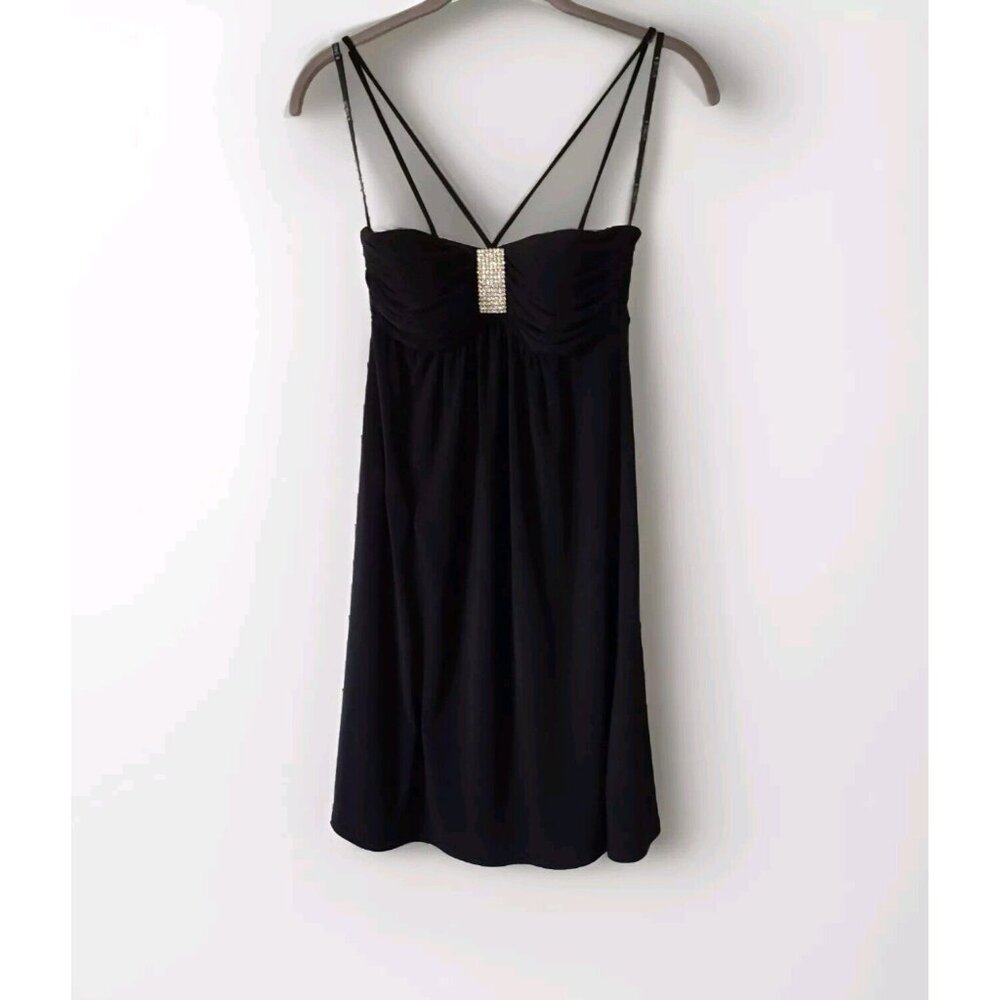 B DARLIN Spaghetti Strap Mini Dress Black Sz 3/4 w Crystal Brooch Attached